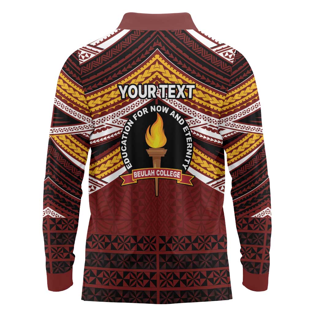 Personalised Tonga Beulah College Long Sleeve Polo Shirt Polynesian Ngatu Tribal