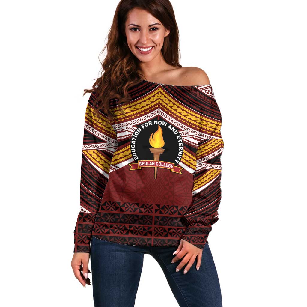 Personalised Tonga Beulah College Off Shoulder Sweater Polynesian Ngatu Tribal