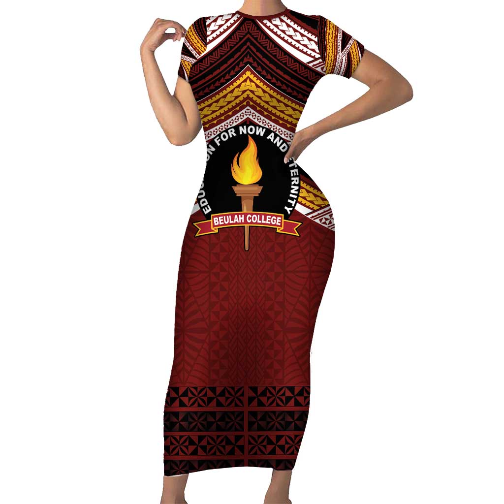 Personalised Tonga Beulah College Short Sleeve Bodycon Dress Polynesian Ngatu Tribal