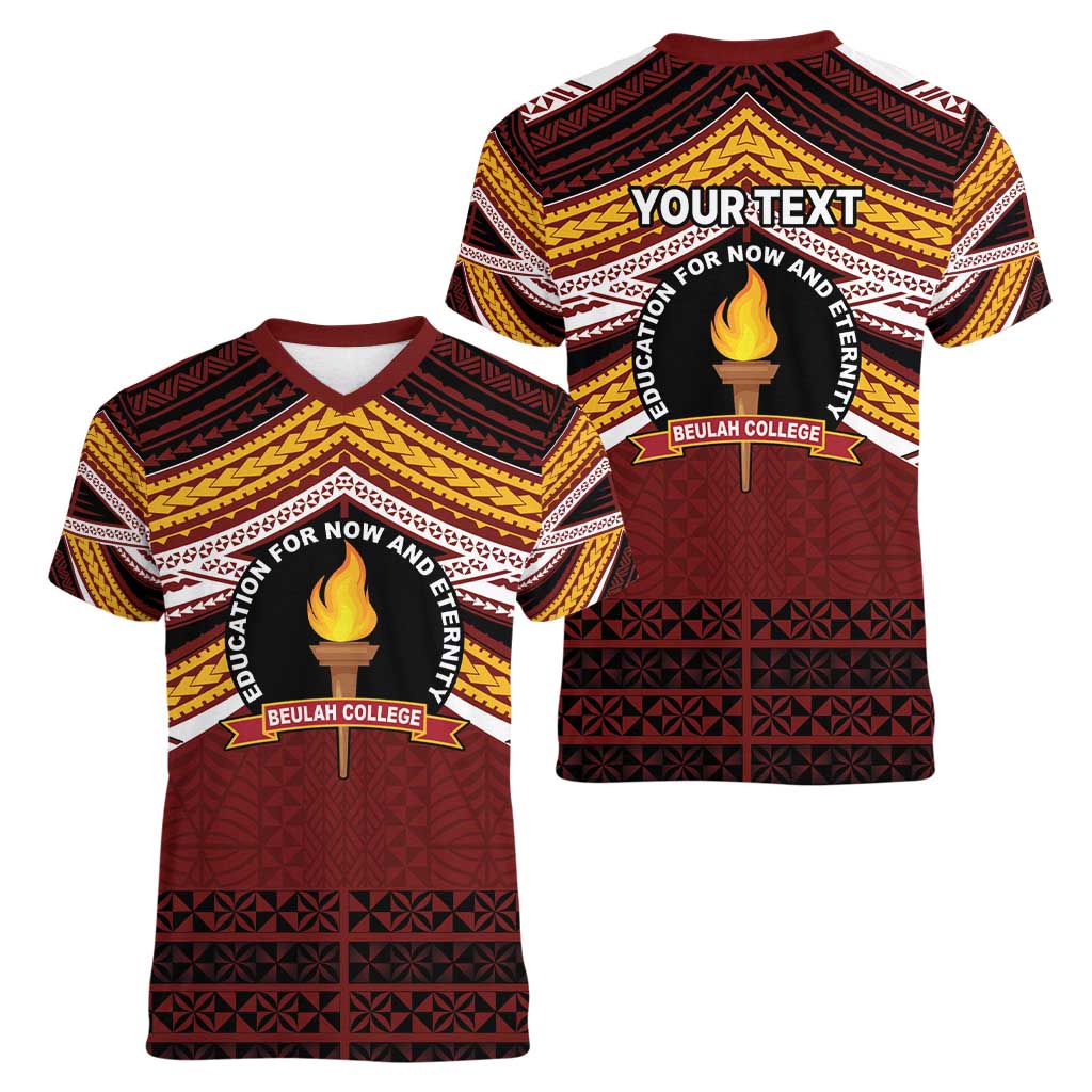 Personalised Tonga Beulah College Women V-Neck T-Shirt Polynesian Ngatu Tribal