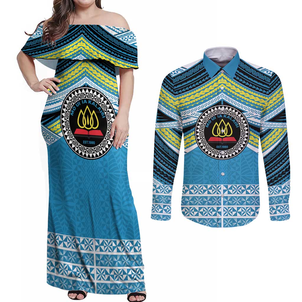 Personalised Tonga Lavengamalie College Couples Matching Off Shoulder Maxi Dress and Long Sleeve Button Shirt Polynesian Ngatu Tribal