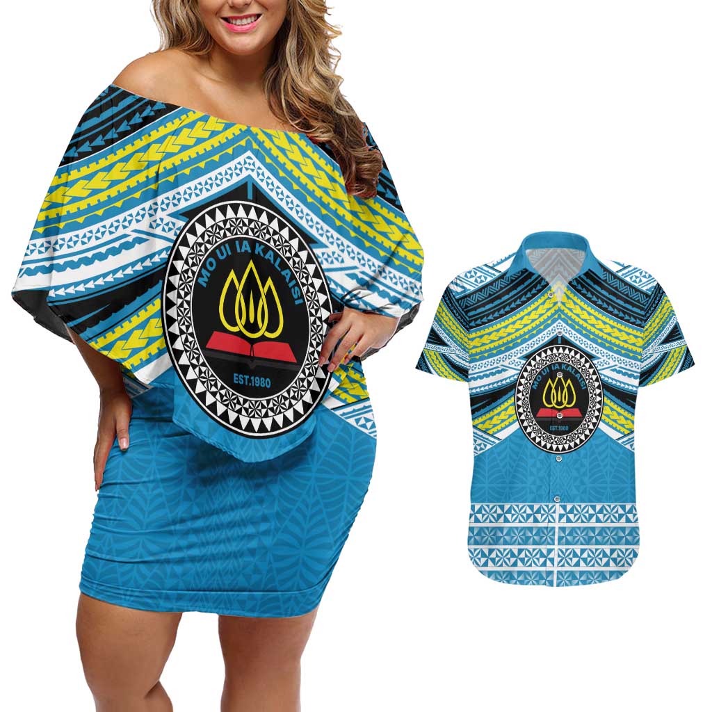 Personalised Tonga Lavengamalie College Couples Matching Off Shoulder Short Dress and Hawaiian Shirt Polynesian Ngatu Tribal