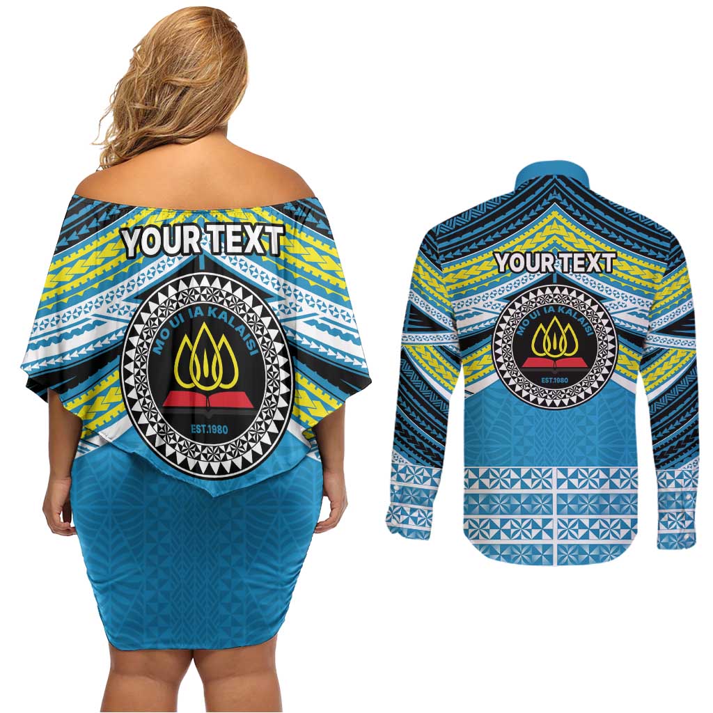 Personalised Tonga Lavengamalie College Couples Matching Off Shoulder Short Dress and Long Sleeve Button Shirt Polynesian Ngatu Tribal