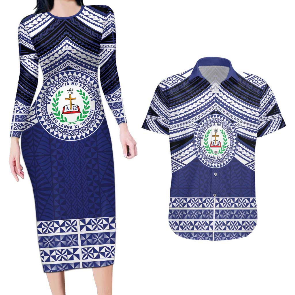 Personalised Tonga Sia'atoutai Theological College Couples Matching Long Sleeve Bodycon Dress and Hawaiian Shirt Polynesian Ngatu Tribal