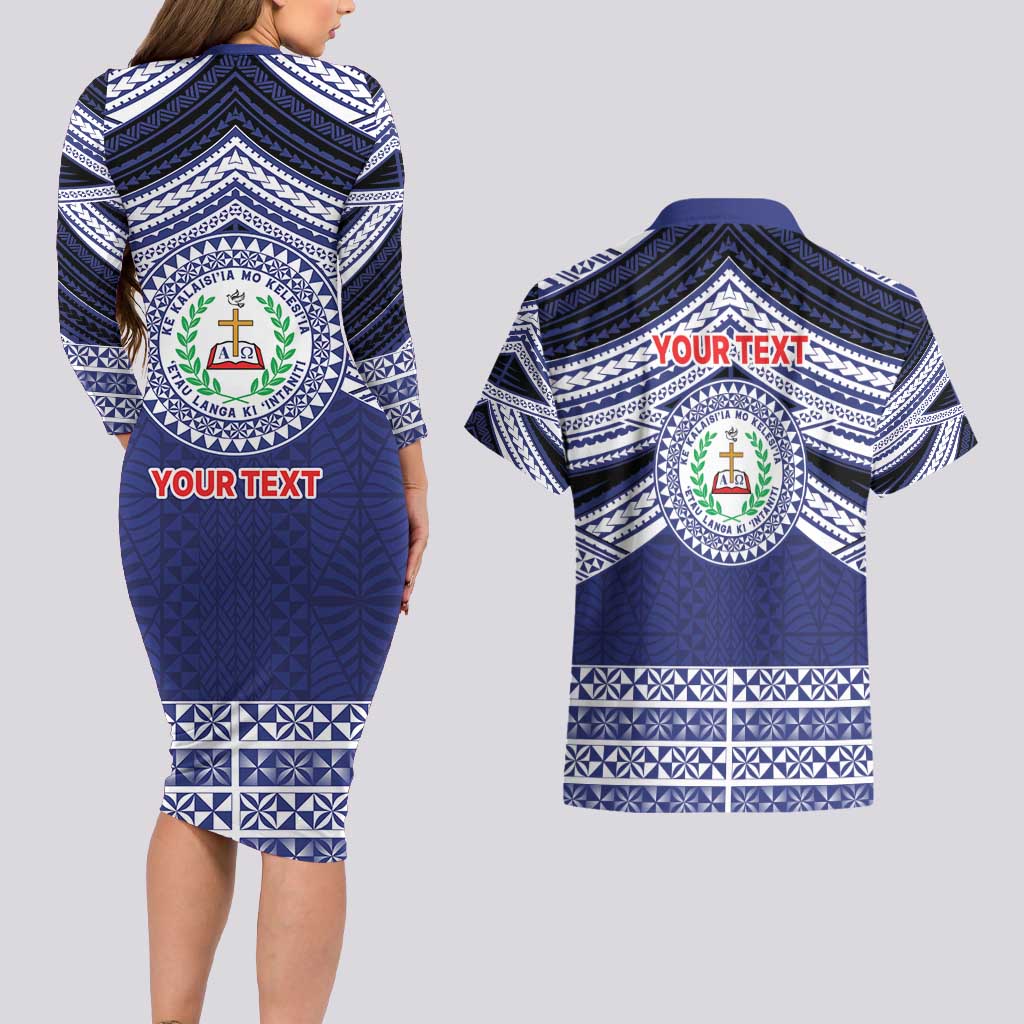 Personalised Tonga Sia'atoutai Theological College Couples Matching Long Sleeve Bodycon Dress and Hawaiian Shirt Polynesian Ngatu Tribal