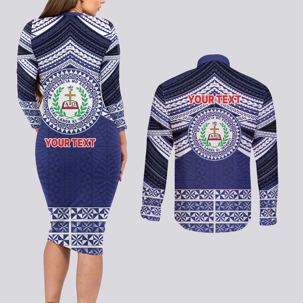 Personalised Tonga Sia'atoutai Theological College Couples Matching Long Sleeve Bodycon Dress and Long Sleeve Button Shirt Polynesian Ngatu Tribal