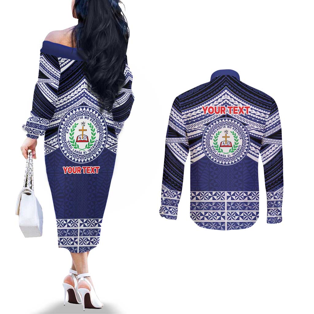 Personalised Tonga Sia'atoutai Theological College Couples Matching Off The Shoulder Long Sleeve Dress and Long Sleeve Button Shirt Polynesian Ngatu Tribal