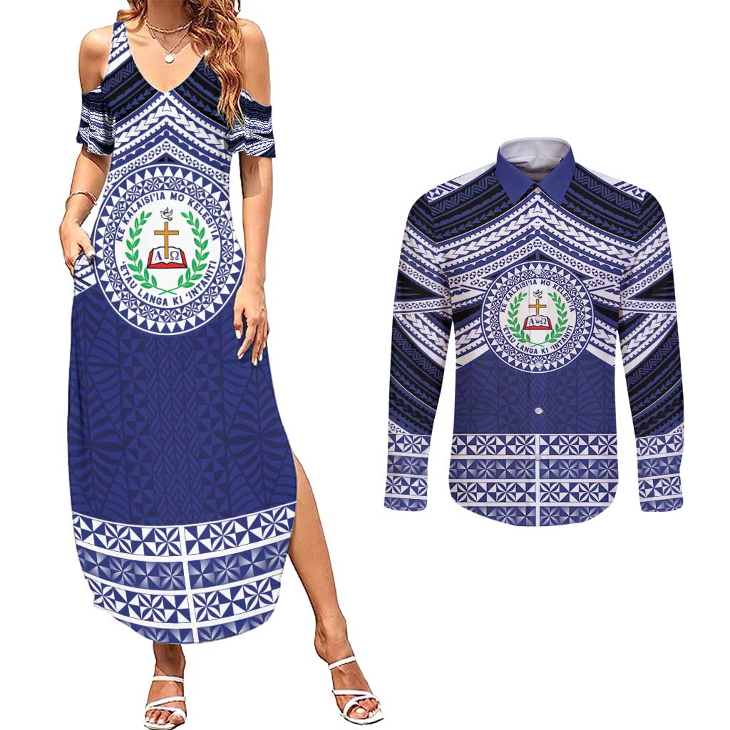 Personalised Tonga Sia'atoutai Theological College Couples Matching Summer Maxi Dress and Long Sleeve Button Shirt Polynesian Ngatu Tribal