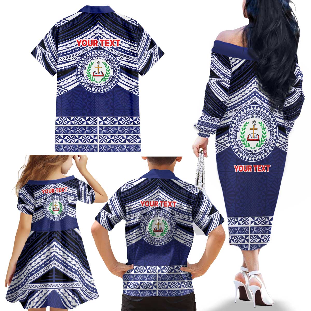 Personalised Tonga Sia'atoutai Theological College Family Matching Off The Shoulder Long Sleeve Dress and Hawaiian Shirt Polynesian Ngatu Tribal