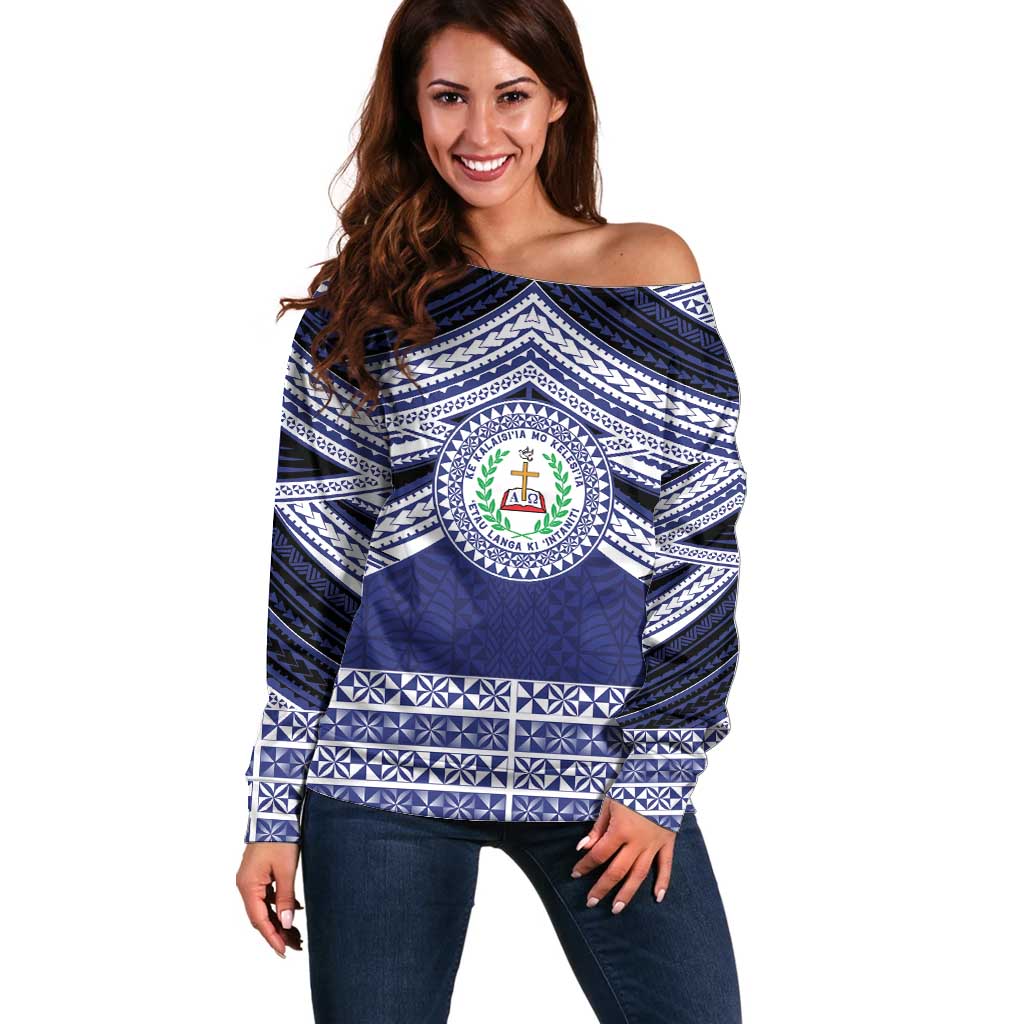 Personalised Tonga Sia'atoutai Theological College Off Shoulder Sweater Polynesian Ngatu Tribal