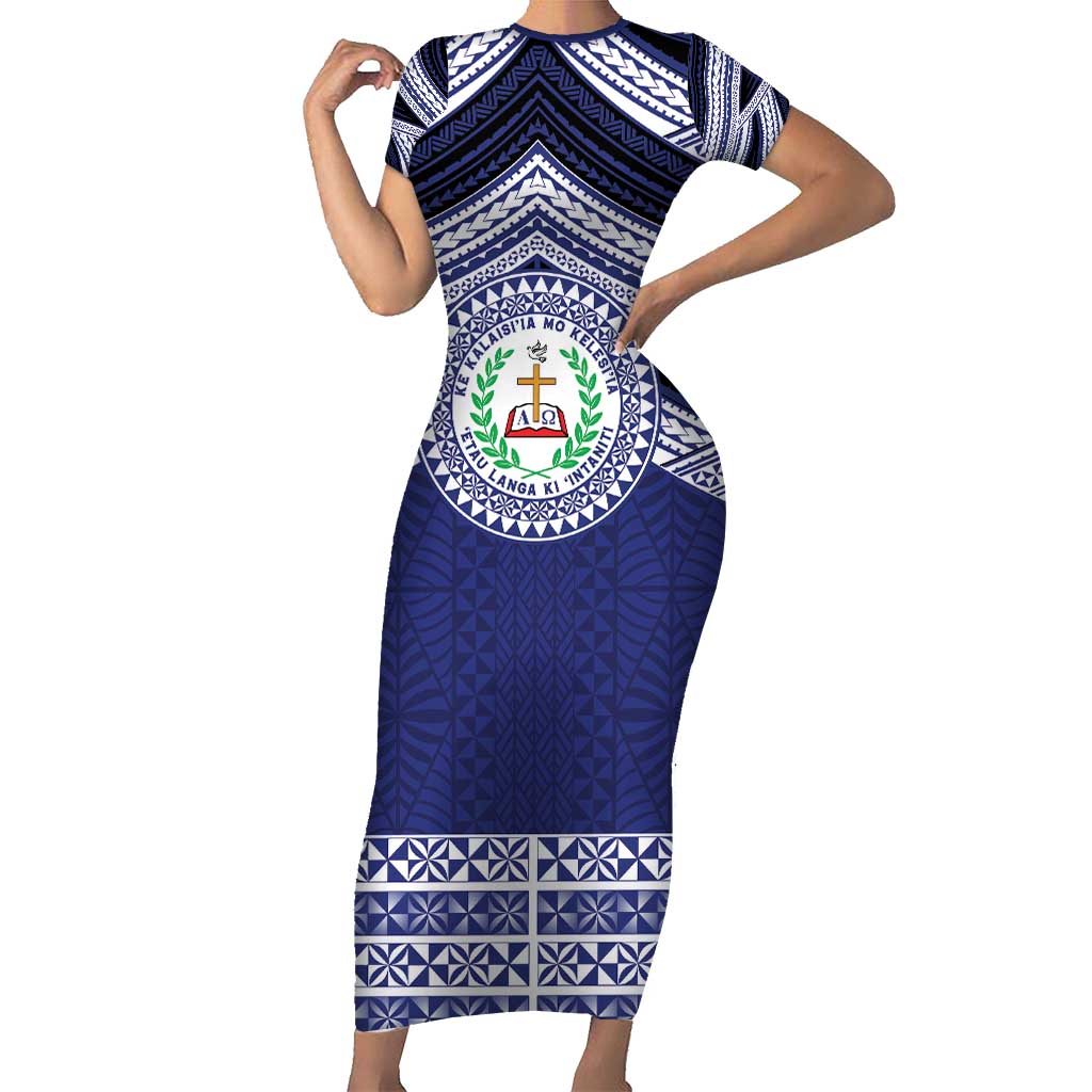 Personalised Tonga Sia'atoutai Theological College Short Sleeve Bodycon Dress Polynesian Ngatu Tribal