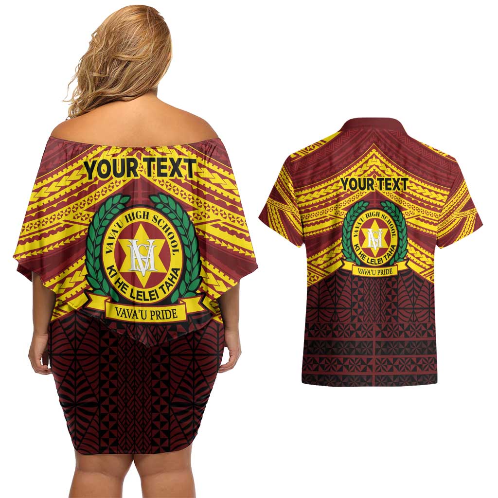 Personalised Tonga Vava'u High School Couples Matching Off Shoulder Short Dress and Hawaiian Shirt Polynesian Ngatu Tribal