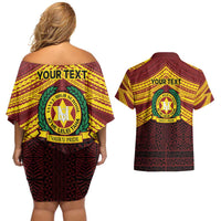 Personalised Tonga Vava'u High School Couples Matching Off Shoulder Short Dress and Hawaiian Shirt Polynesian Ngatu Tribal