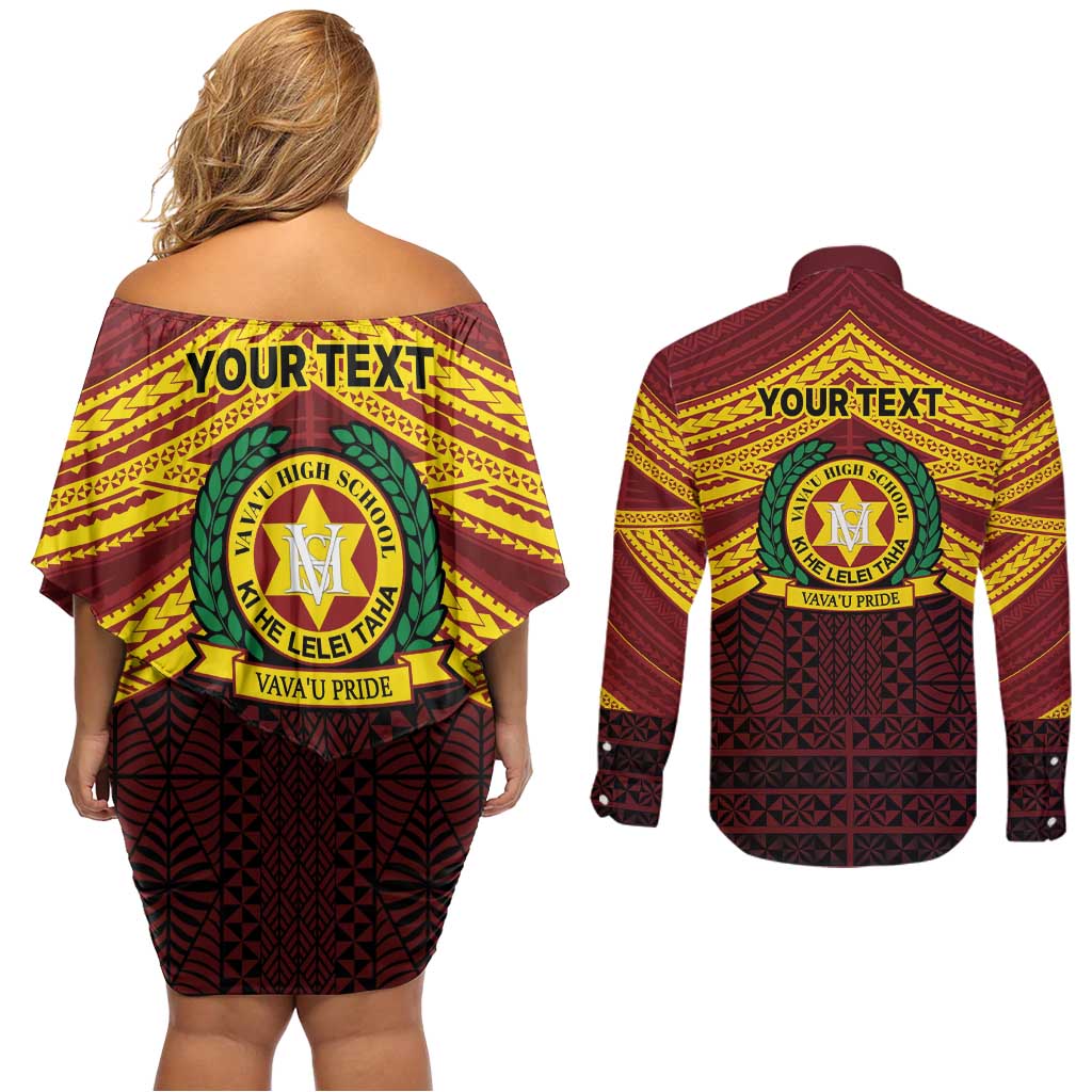 Personalised Tonga Vava'u High School Couples Matching Off Shoulder Short Dress and Long Sleeve Button Shirt Polynesian Ngatu Tribal