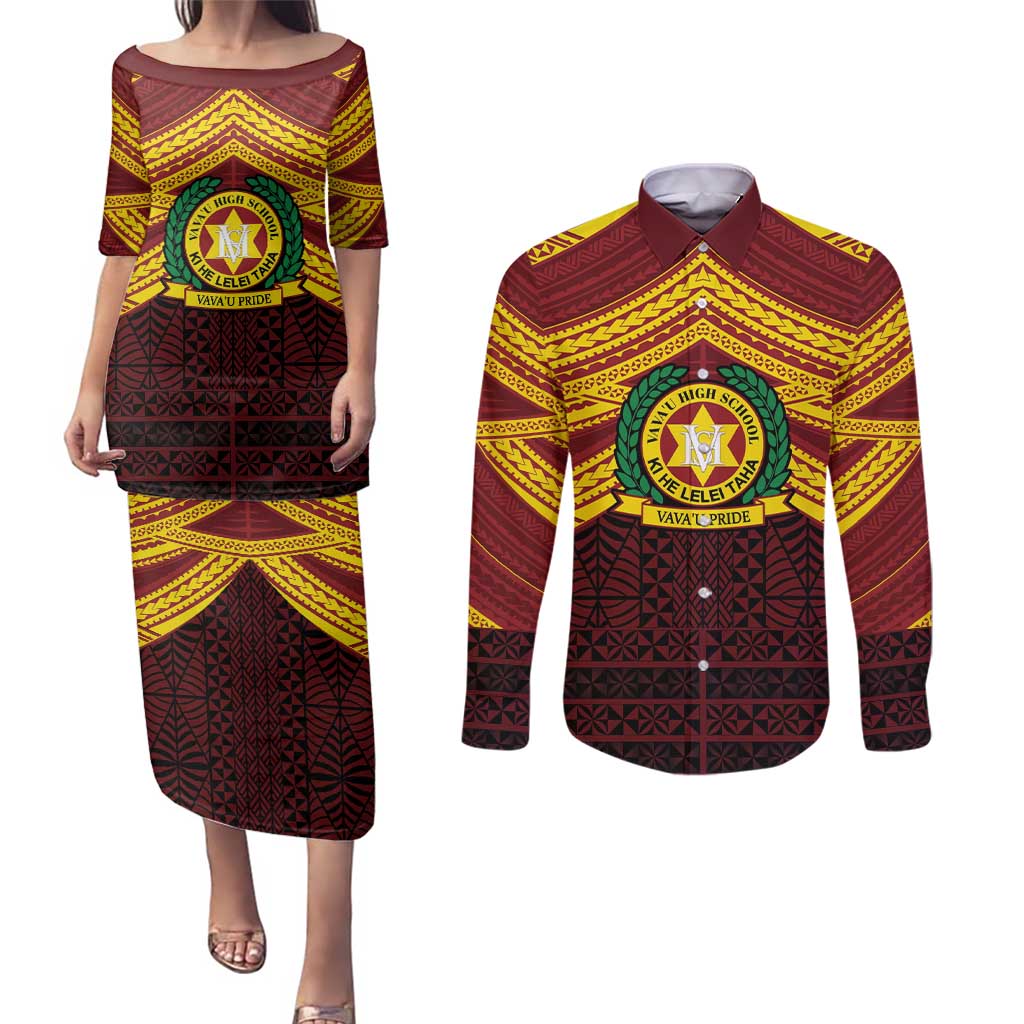 Personalised Tonga Vava'u High School Couples Matching Puletasi and Long Sleeve Button Shirt Polynesian Ngatu Tribal