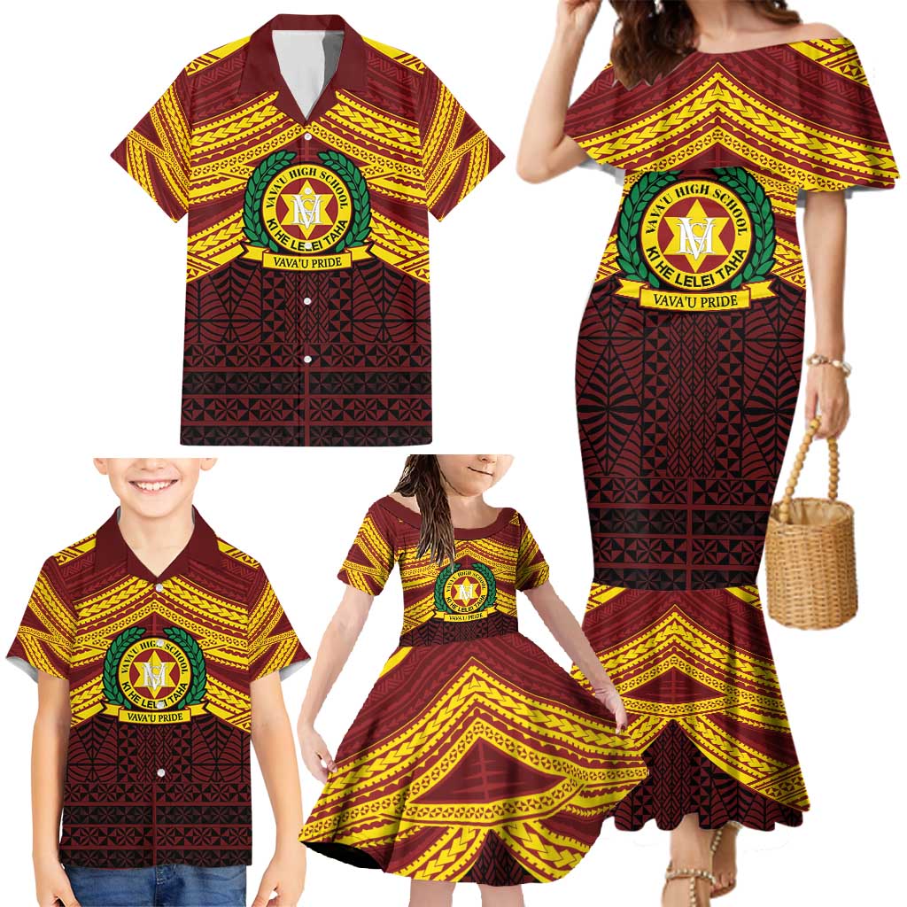 Personalised Tonga Vava'u High School Family Matching Mermaid Dress and Hawaiian Shirt Polynesian Ngatu Tribal
