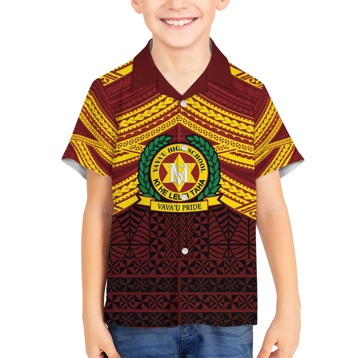 Personalised Tonga Vava'u High School Family Matching Off The Shoulder Long Sleeve Dress and Hawaiian Shirt Polynesian Ngatu Tribal