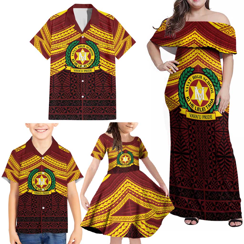 Personalised Tonga Vava'u High School Family Matching Off Shoulder Maxi Dress and Hawaiian Shirt Polynesian Ngatu Tribal
