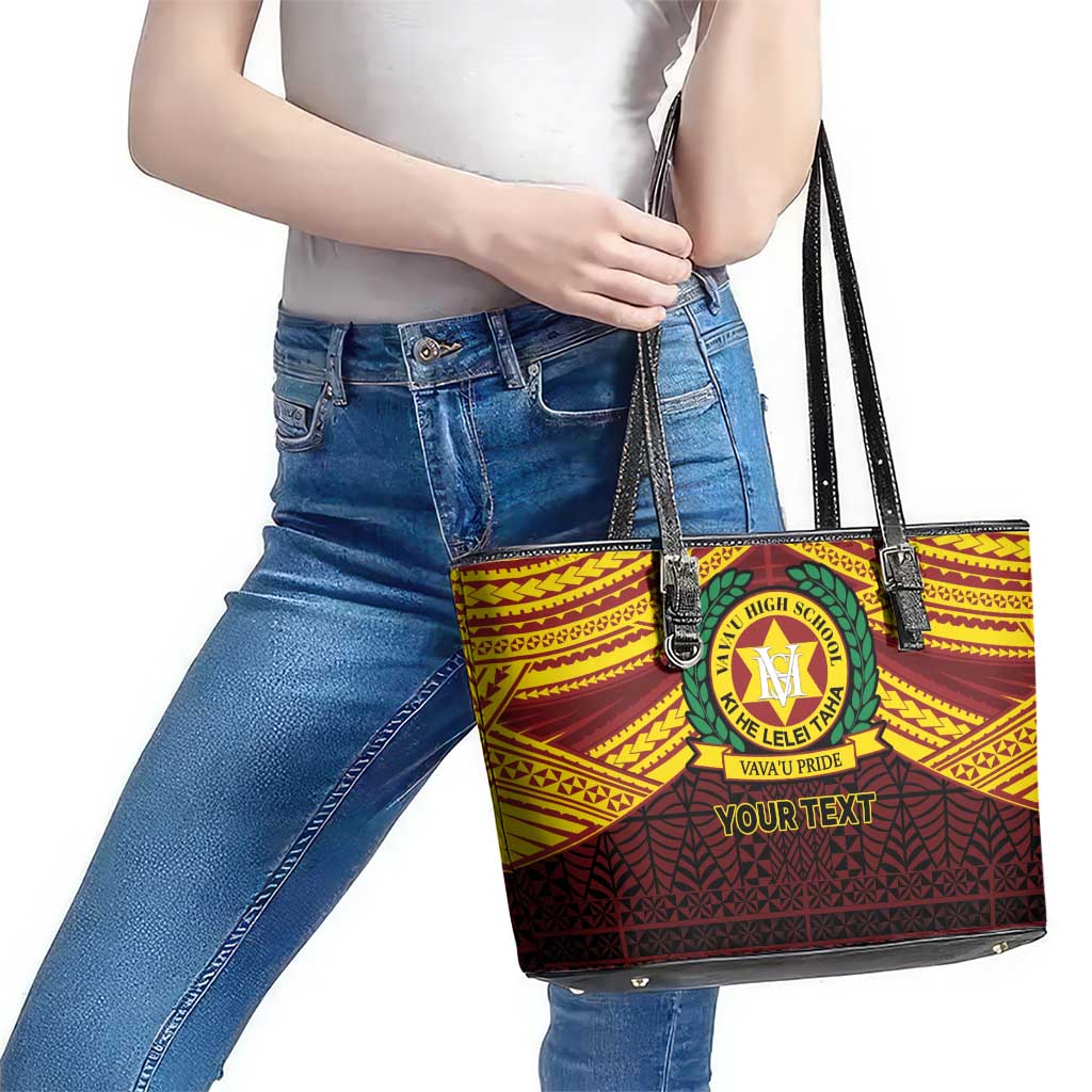 Personalised Tonga Vava'u High School Leather Tote Bag Polynesian Ngatu Tribal