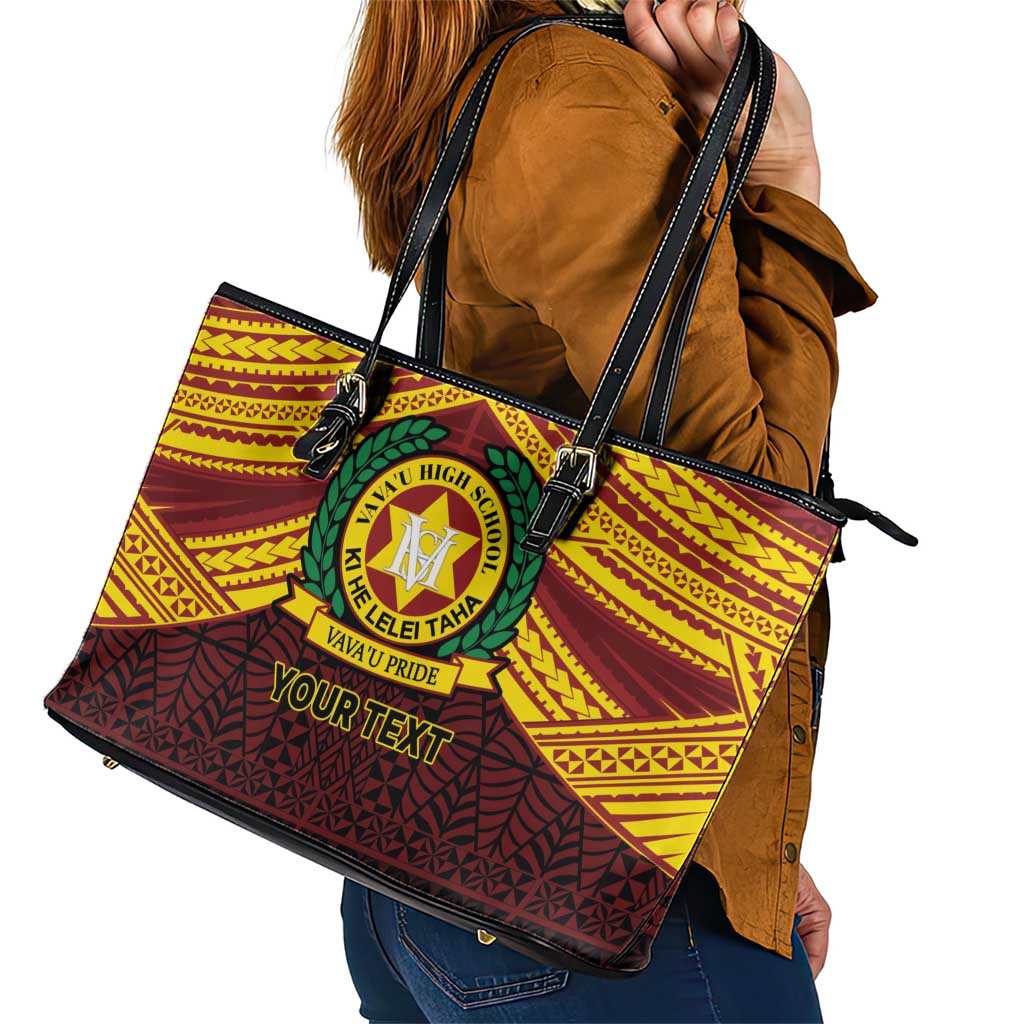 Personalised Tonga Vava'u High School Leather Tote Bag Polynesian Ngatu Tribal