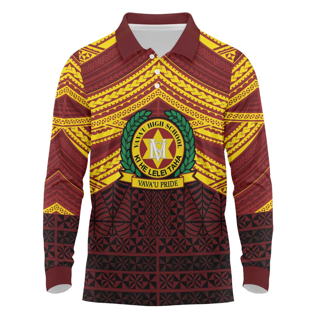 Personalised Tonga Vava'u High School Long Sleeve Polo Shirt Polynesian Ngatu Tribal LT9 Red - Polynesian Pride
