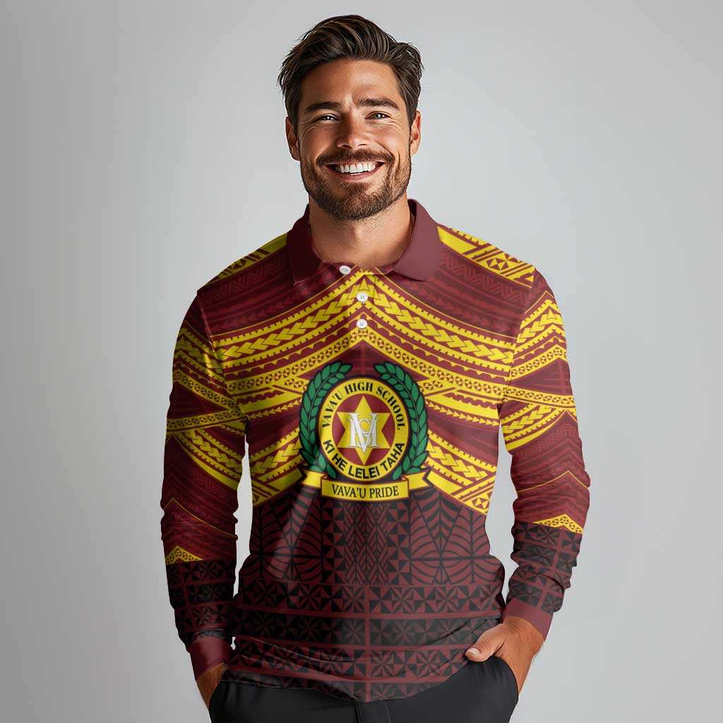 Personalised Tonga Vava'u High School Long Sleeve Polo Shirt Polynesian Ngatu Tribal LT9 - Polynesian Pride