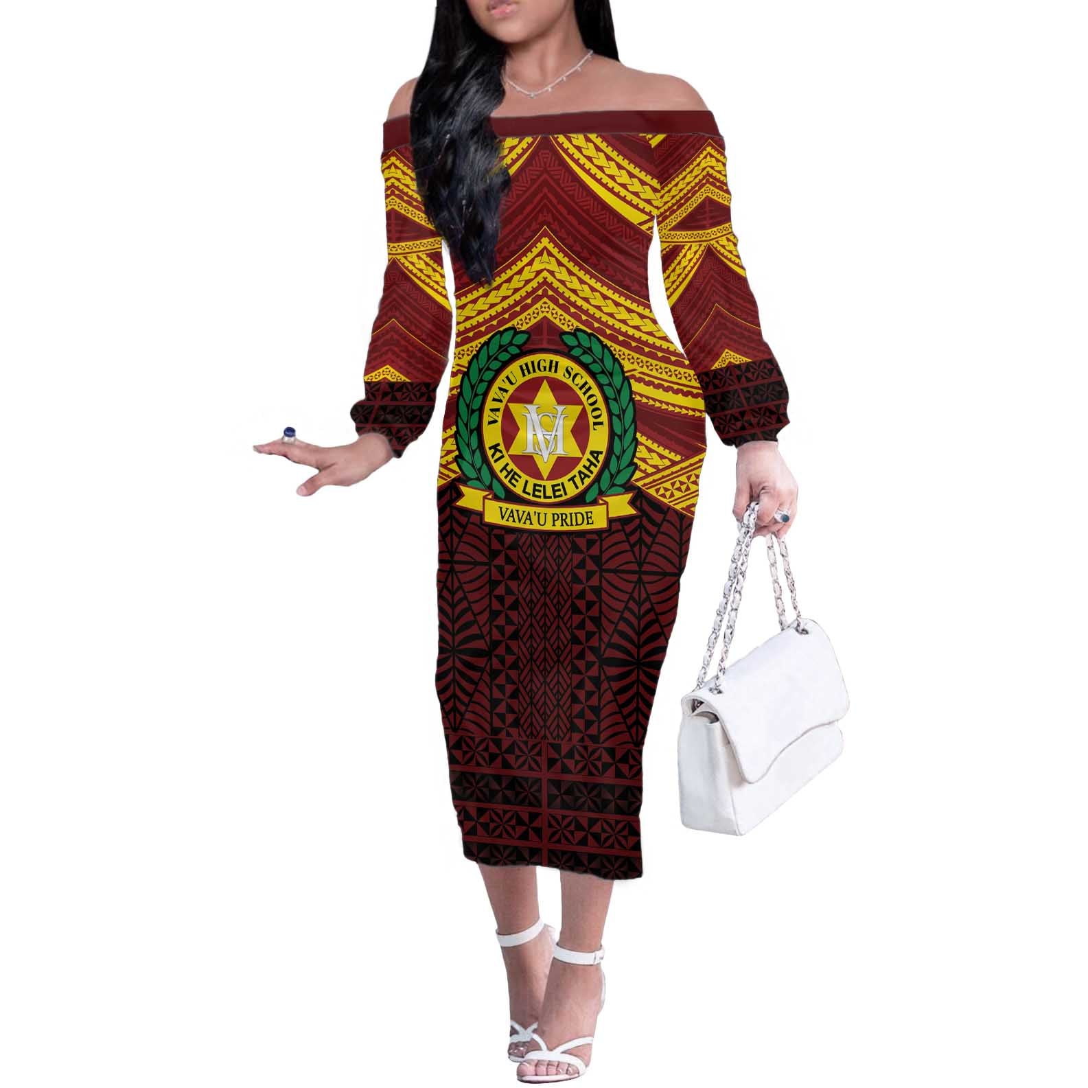 Personalised Tonga Vava'u High School Off The Shoulder Long Sleeve Dress Polynesian Ngatu Tribal