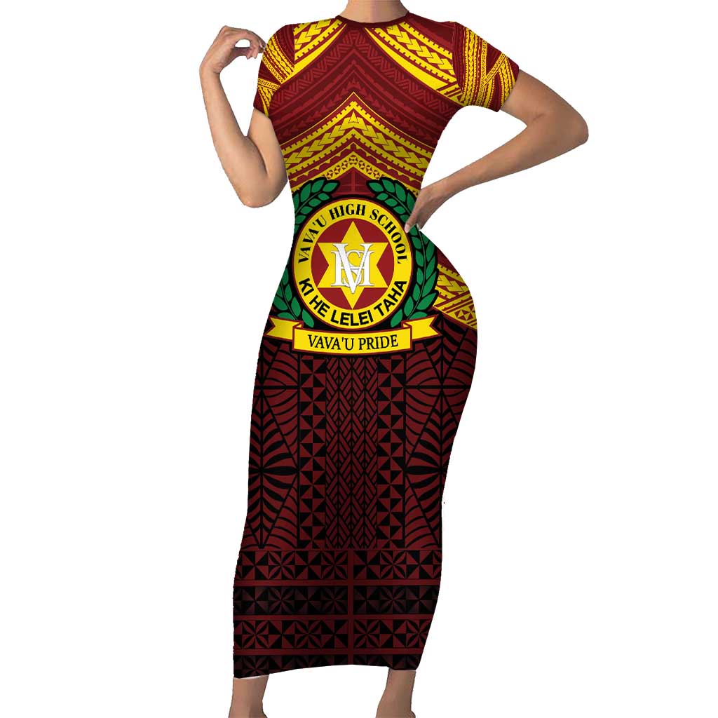 Personalised Tonga Vava'u High School Short Sleeve Bodycon Dress Polynesian Ngatu Tribal