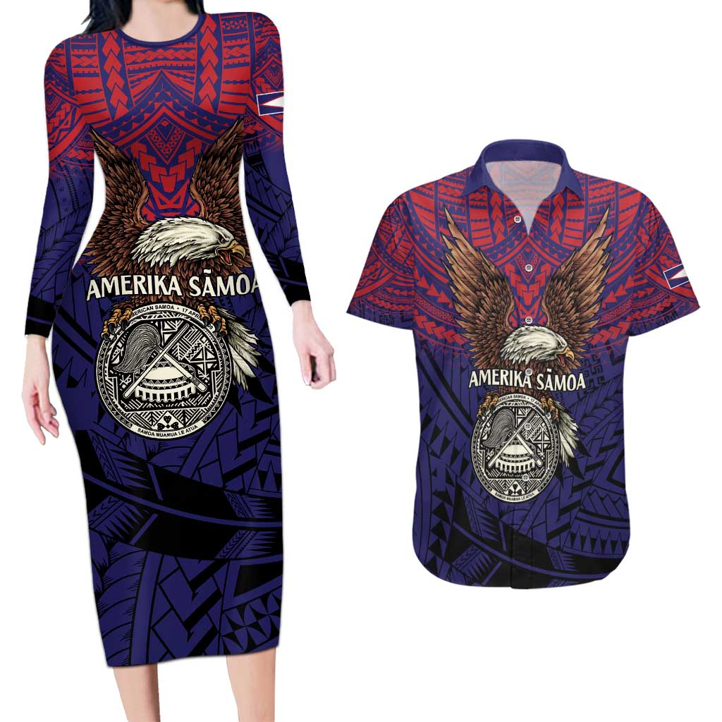 American Samoa Brave Eagle Personalized Couples Matching Long Sleeve Bodycon Dress and Hawaiian Shirt National Flag Color LT9 Blue - Polynesian Pride