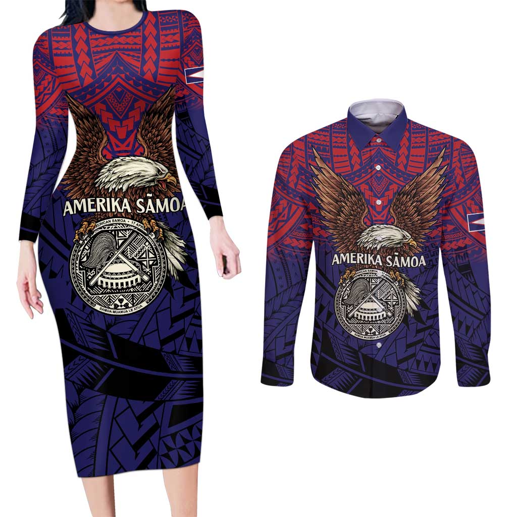 American Samoa Brave Eagle Personalized Couples Matching Long Sleeve Bodycon Dress and Long Sleeve Button Shirt National Flag Color LT9 Blue - Polynesian Pride