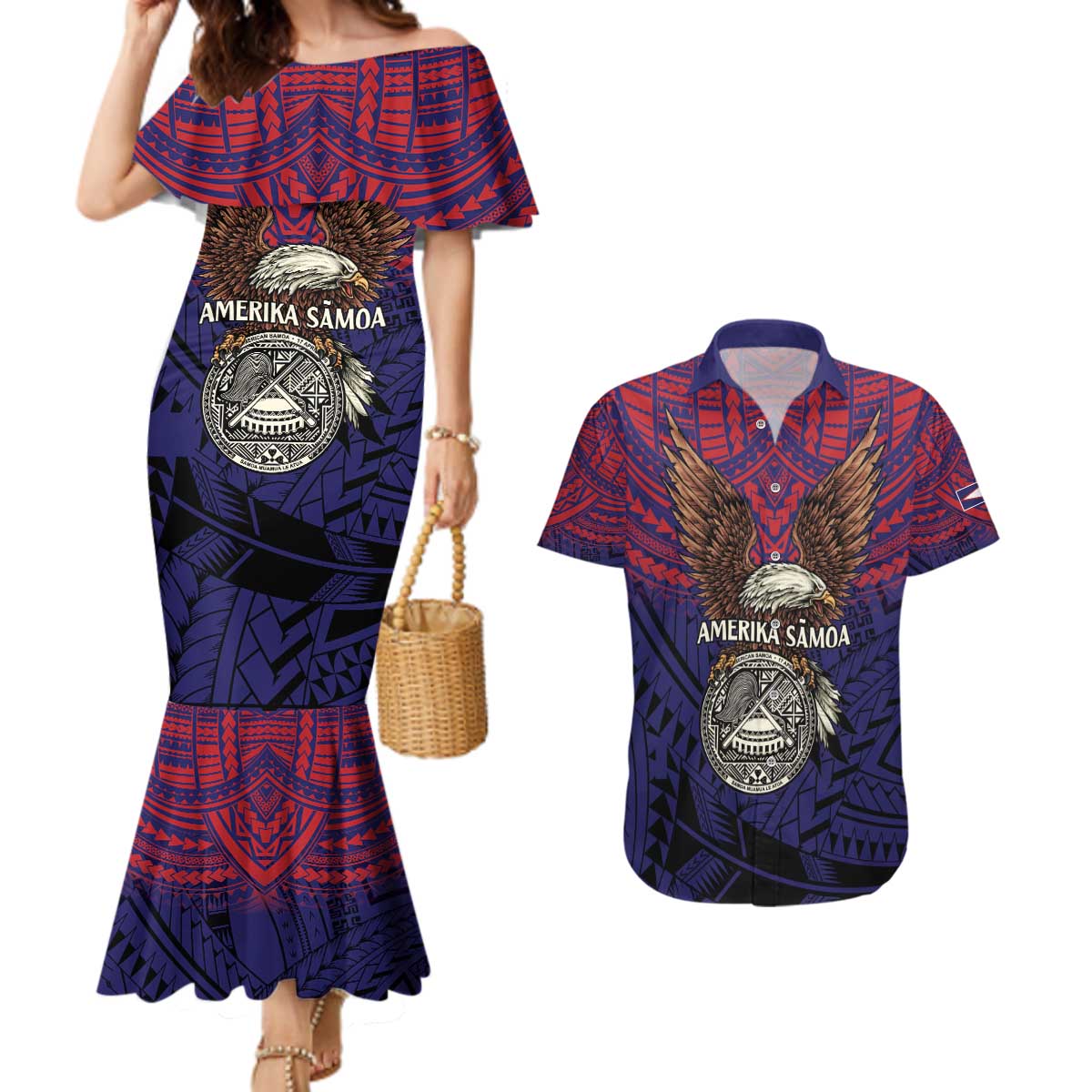 American Samoa Brave Eagle Personalized Couples Matching Mermaid Dress and Hawaiian Shirt National Flag Color LT9 Blue - Polynesian Pride