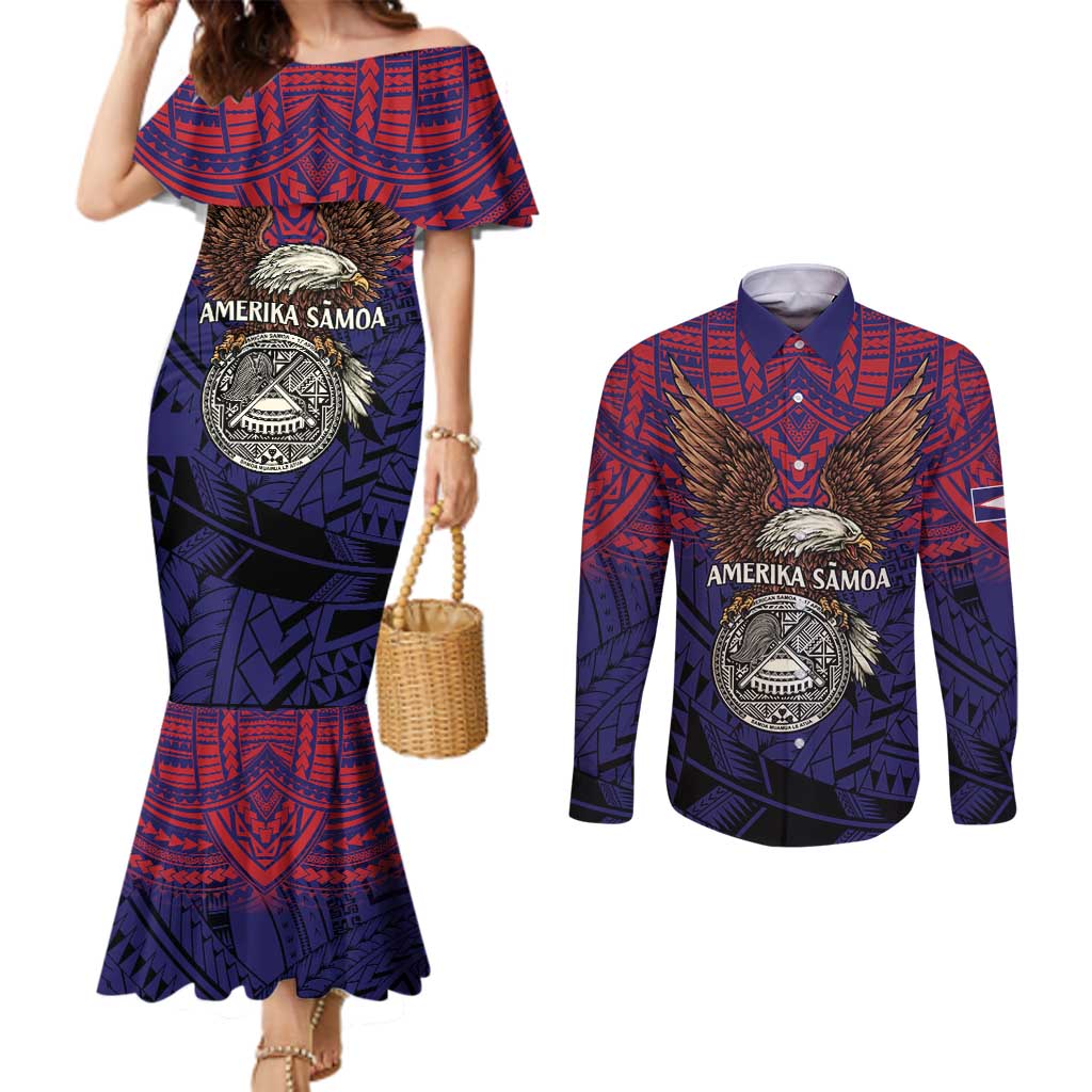American Samoa Brave Eagle Personalized Couples Matching Mermaid Dress and Long Sleeve Button Shirt National Flag Color LT9 Blue - Polynesian Pride