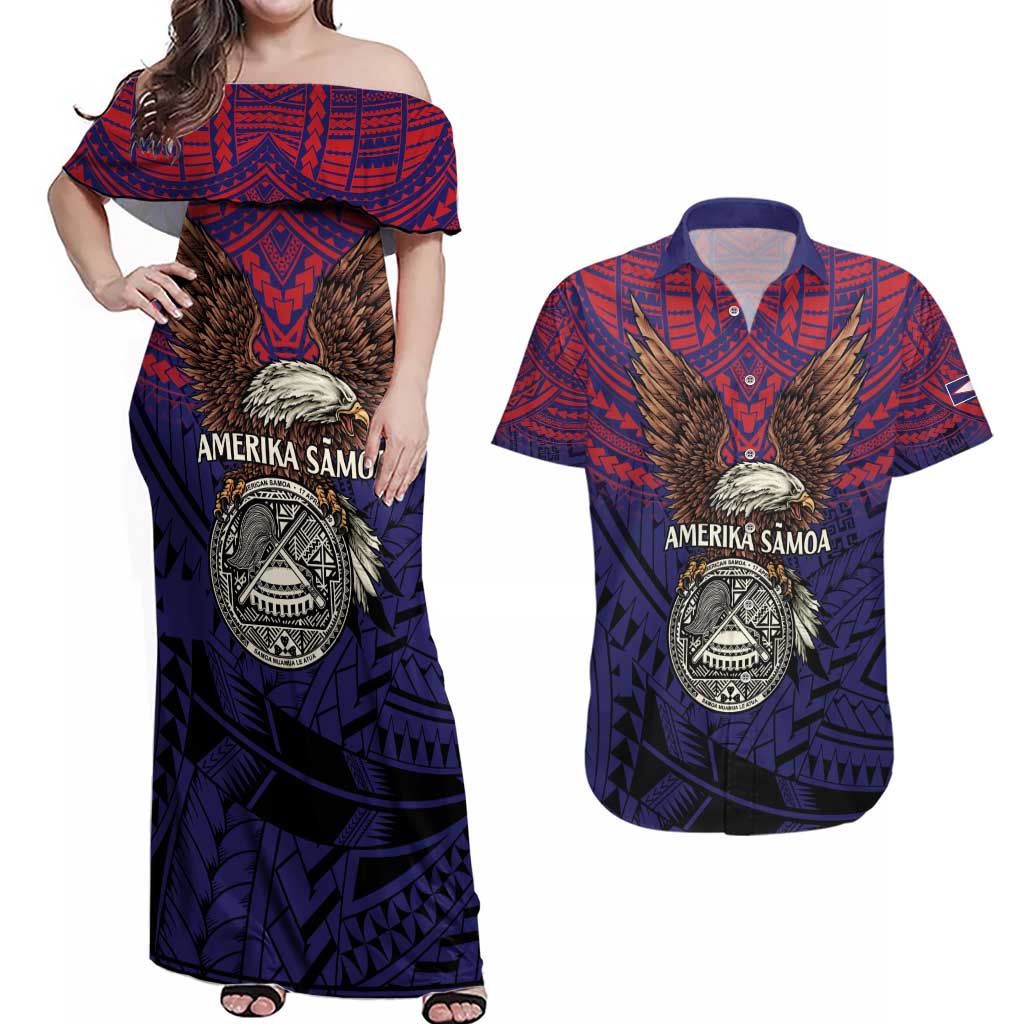 American Samoa Brave Eagle Personalized Couples Matching Off Shoulder Maxi Dress and Hawaiian Shirt National Flag Color
