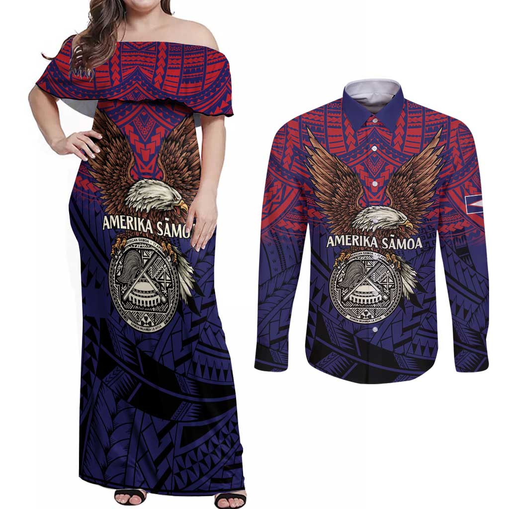 American Samoa Brave Eagle Personalized Couples Matching Off Shoulder Maxi Dress and Long Sleeve Button Shirt National Flag Color LT9 Blue - Polynesian Pride