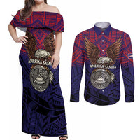 American Samoa Brave Eagle Personalized Couples Matching Off Shoulder Maxi Dress and Long Sleeve Button Shirt National Flag Color