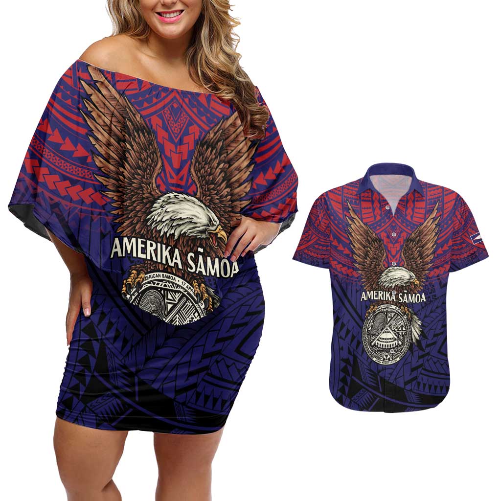 American Samoa Brave Eagle Personalized Couples Matching Off Shoulder Short Dress and Hawaiian Shirt National Flag Color LT9 Blue - Polynesian Pride