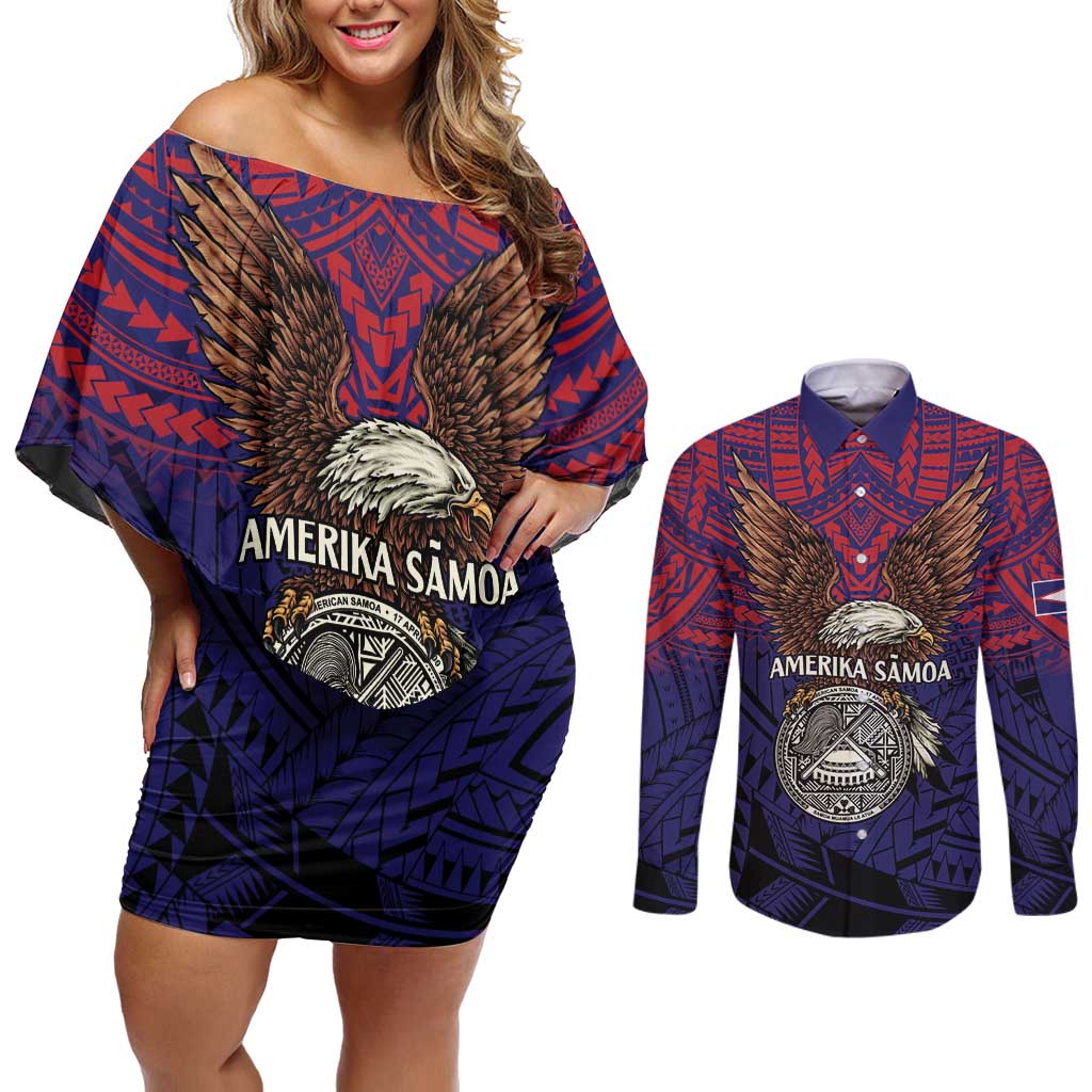 American Samoa Brave Eagle Personalized Couples Matching Off Shoulder Short Dress and Long Sleeve Button Shirt National Flag Color LT9 Blue - Polynesian Pride