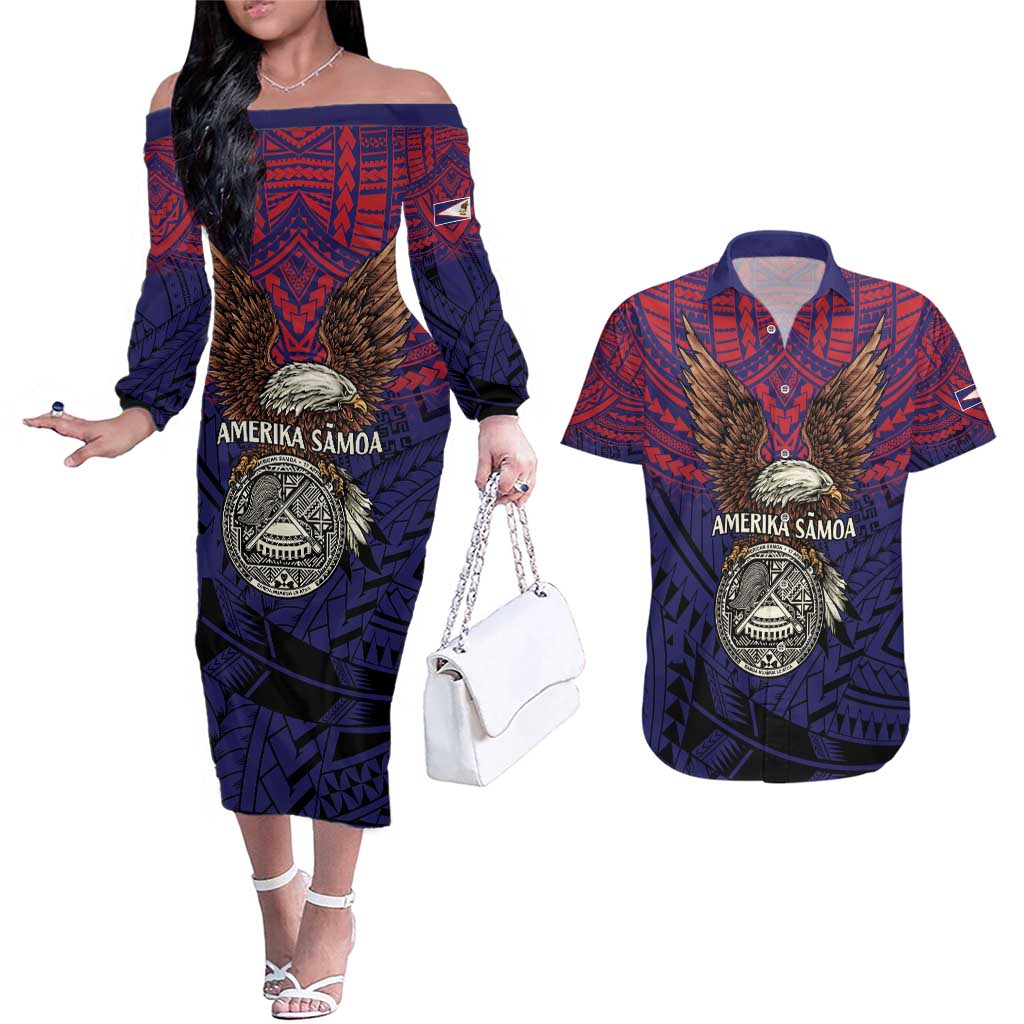 American Samoa Brave Eagle Personalized Couples Matching Off The Shoulder Long Sleeve Dress and Hawaiian Shirt National Flag Color LT9 Blue - Polynesian Pride