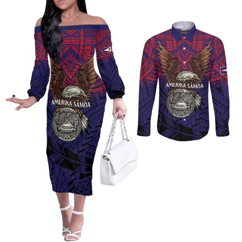 American Samoa Brave Eagle Personalized Couples Matching Off The Shoulder Long Sleeve Dress and Long Sleeve Button Shirt National Flag Color LT9 Blue - Polynesian Pride