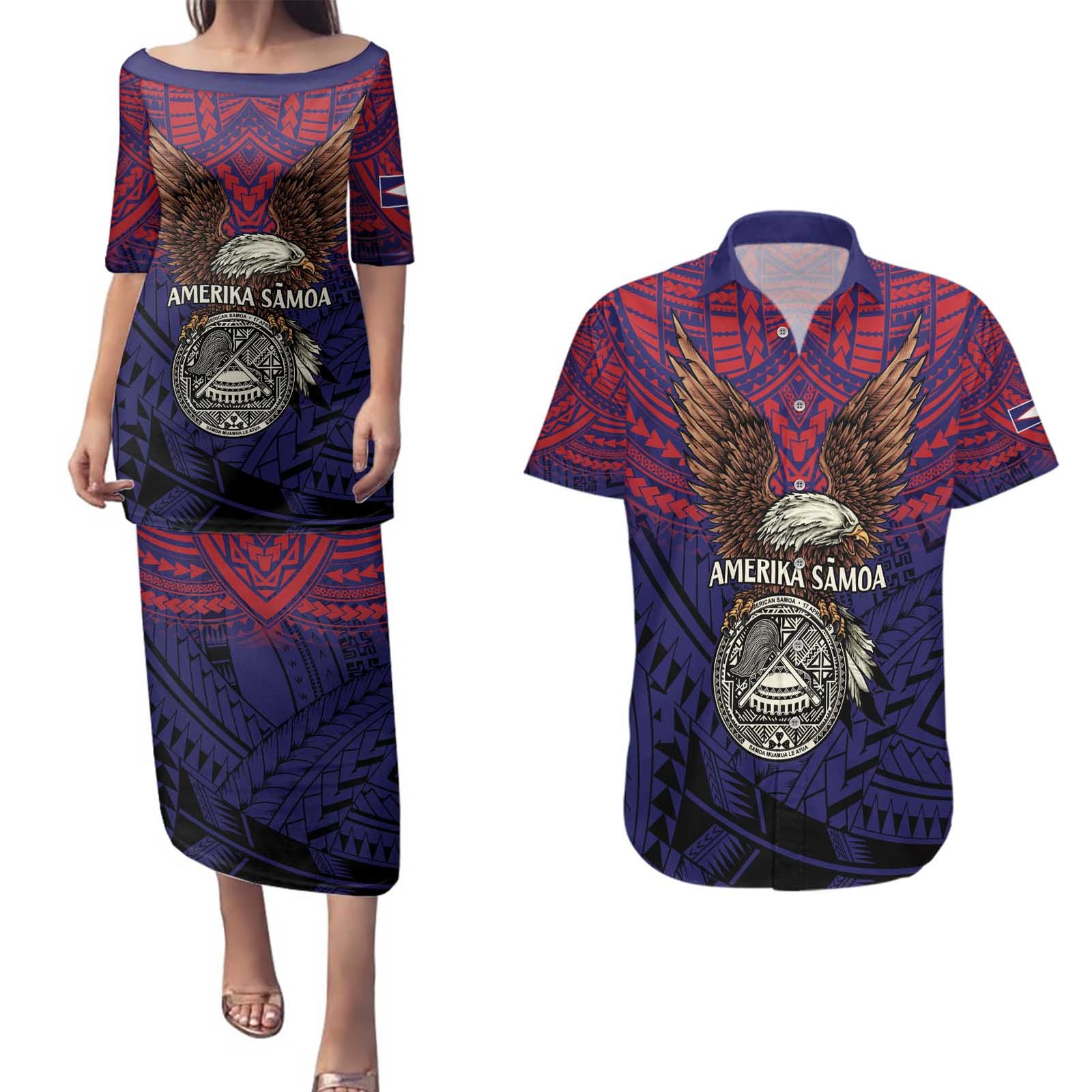 American Samoa Brave Eagle Personalized Couples Matching Puletasi and Hawaiian Shirt National Flag Color LT9 Blue - Polynesian Pride