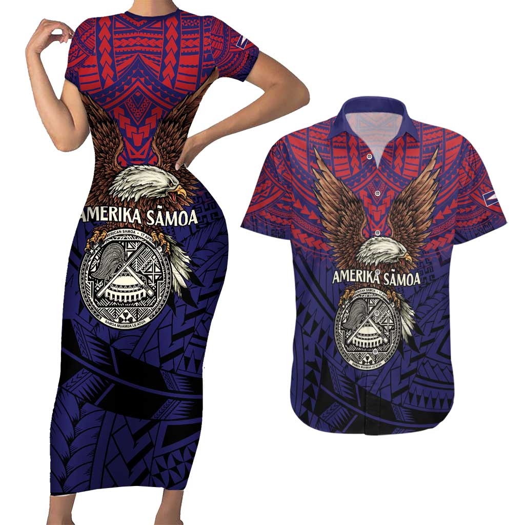 American Samoa Brave Eagle Personalized Couples Matching Short Sleeve Bodycon Dress and Hawaiian Shirt National Flag Color LT9 Blue - Polynesian Pride
