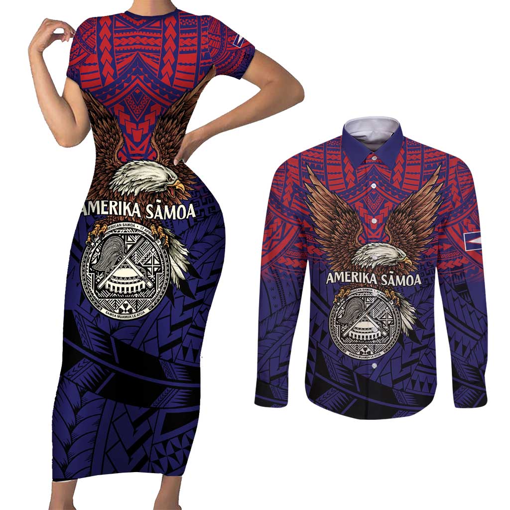 American Samoa Brave Eagle Personalized Couples Matching Short Sleeve Bodycon Dress and Long Sleeve Button Shirt National Flag Color LT9 Blue - Polynesian Pride