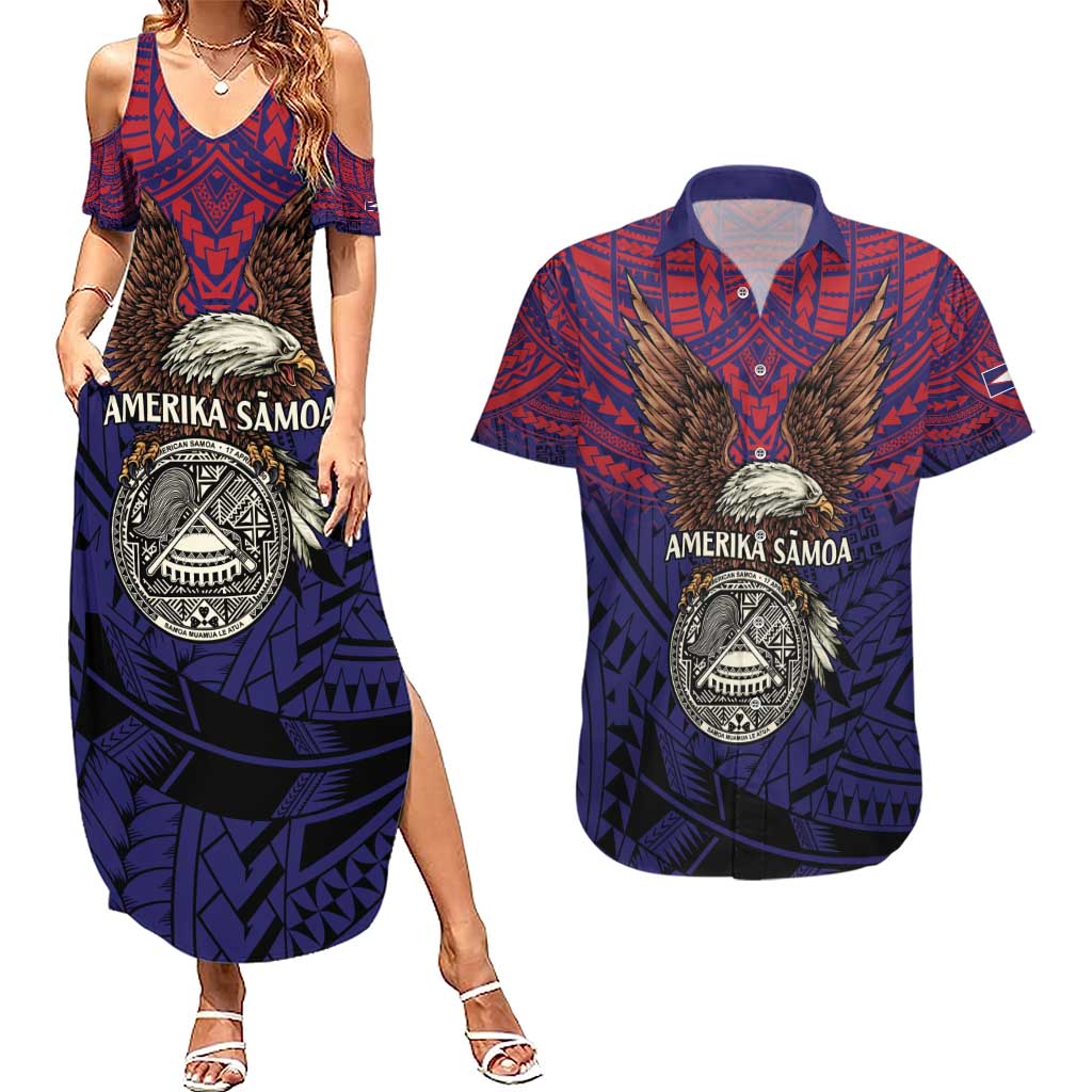 American Samoa Brave Eagle Personalized Couples Matching Summer Maxi Dress and Hawaiian Shirt National Flag Color LT9 Blue - Polynesian Pride