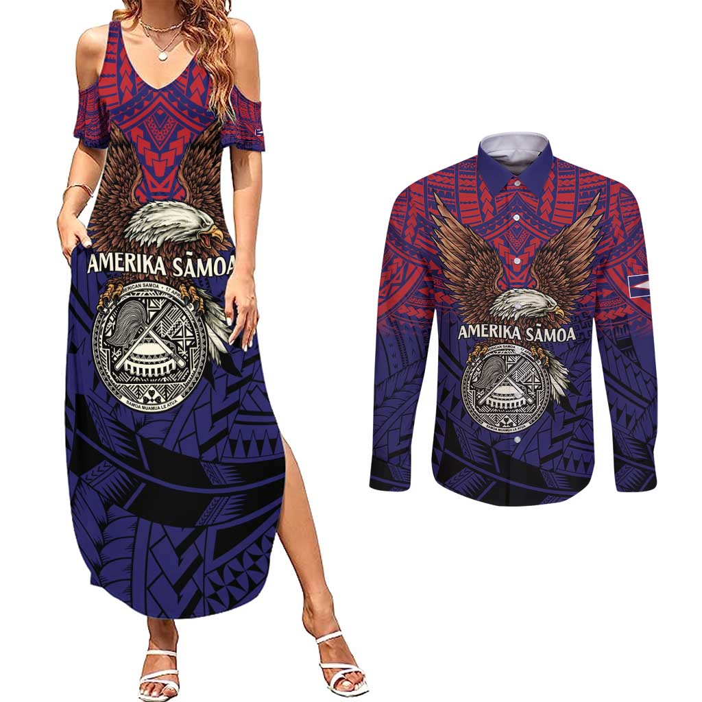 American Samoa Brave Eagle Personalized Couples Matching Summer Maxi Dress and Long Sleeve Button Shirt National Flag Color LT9 Blue - Polynesian Pride