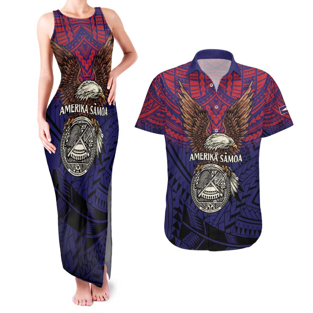 American Samoa Brave Eagle Personalized Couples Matching Tank Maxi Dress and Hawaiian Shirt National Flag Color LT9 Blue - Polynesian Pride