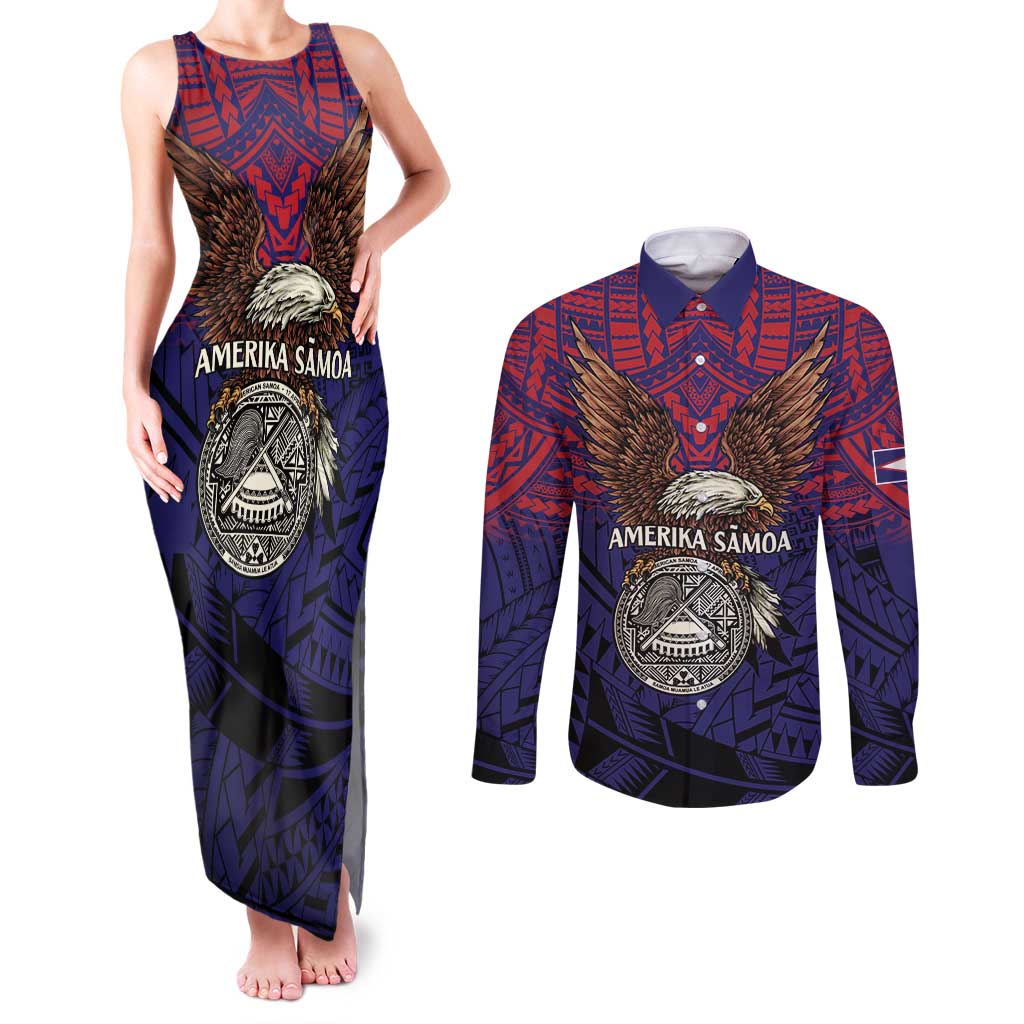American Samoa Brave Eagle Personalized Couples Matching Tank Maxi Dress and Long Sleeve Button Shirt National Flag Color LT9 Blue - Polynesian Pride