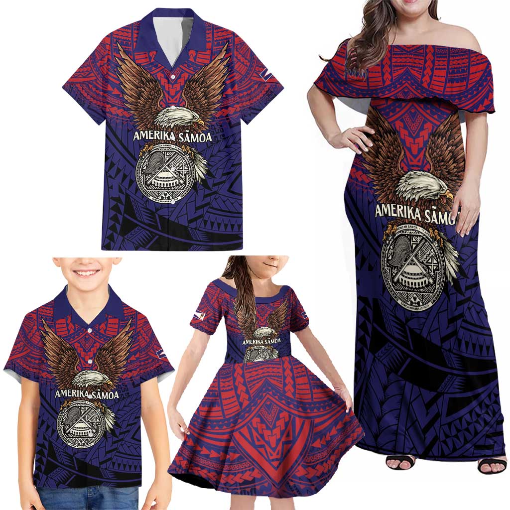 American Samoa Brave Eagle Personalized Family Matching Off Shoulder Maxi Dress and Hawaiian Shirt National Flag Color