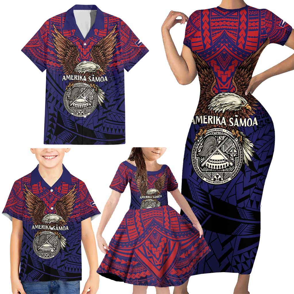 American Samoa Brave Eagle Personalized Family Matching Short Sleeve Bodycon Dress and Hawaiian Shirt National Flag Color