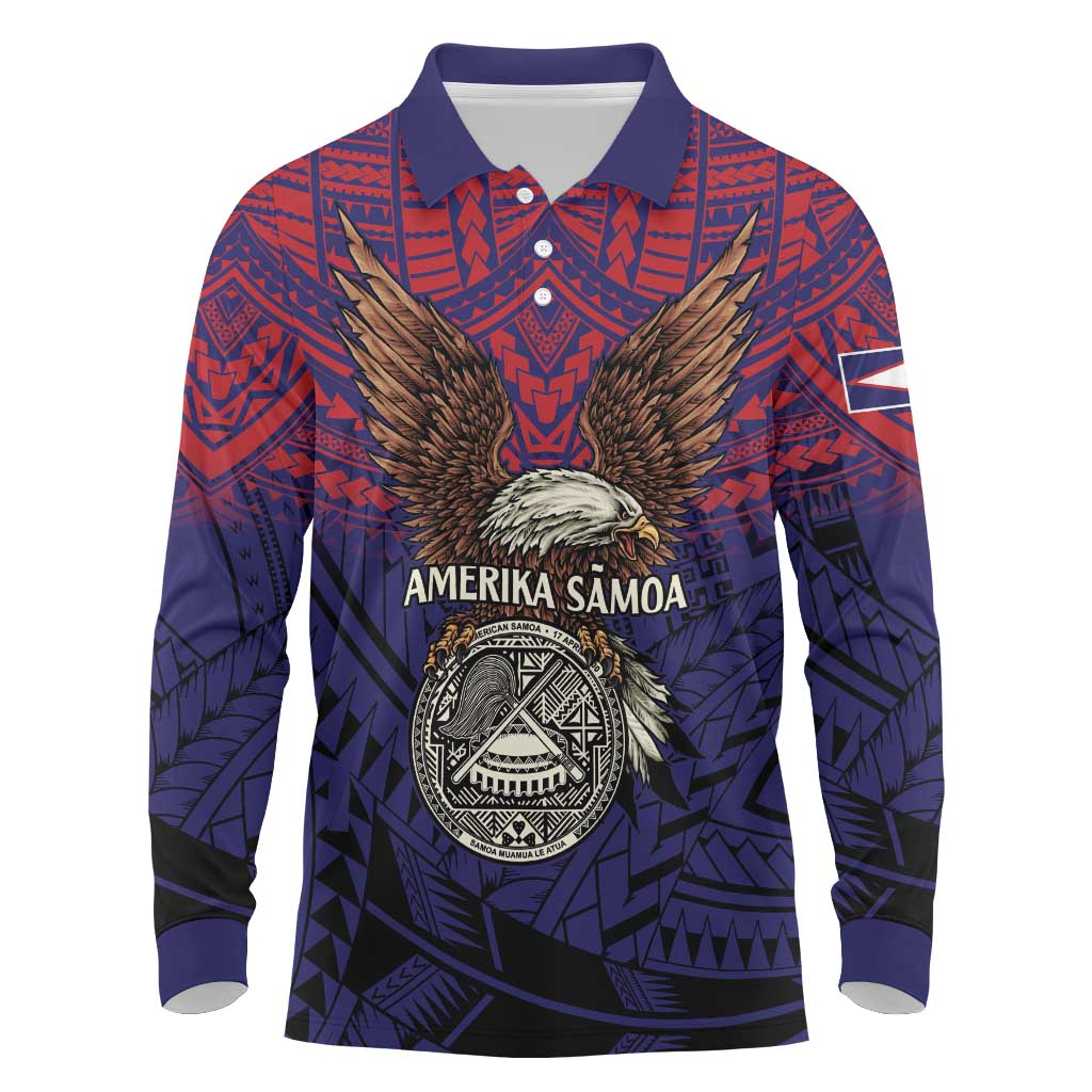 American Samoa Brave Eagle Personalized Long Sleeve Polo Shirt National Flag Color LT9 Blue - Polynesian Pride
