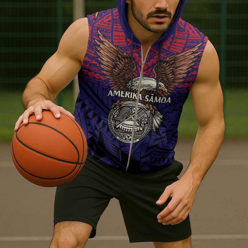 American Samoa Brave Eagle Personalized Sleeveless Zip Hoodie National Flag Color - Polynesian Pride